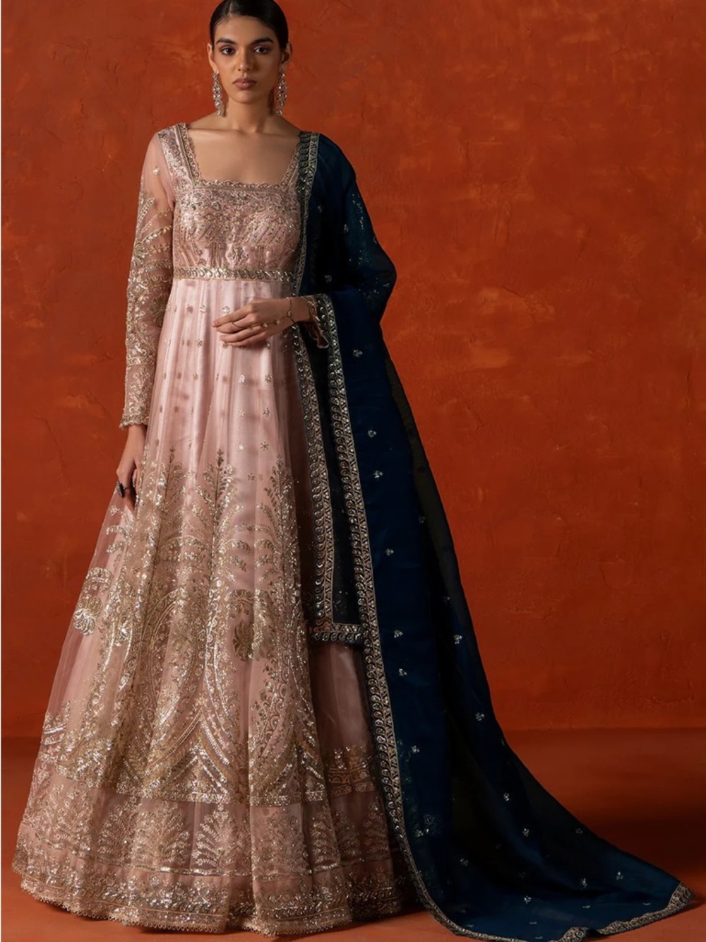 Lashkaraa Peach And Blue Embroidered Anarkali